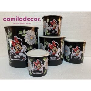 Kit 5 Potes de Mantimentos Plástico Decorado Minnie Conservador Armazenamento De Alimentos