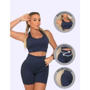 Roupa de Academia Feminina Top Nadador + Short Cintura Alta Modelador Sem Costura.