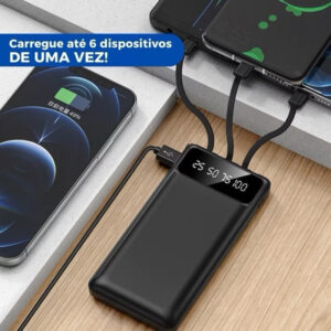 Carregador Portátil 20000mAH Power Bank Com 4 Tipos De Cabo (Lightning, TIPO -C, V8, USB) Com Visor