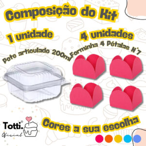 Kit Embalagem 4 Docinhos + Forminhas 4 Pétalas Pote Forminha Brigadeiro Confeitaria