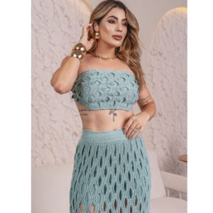Conjunto Rendado Tricô Crochê Saia Midi Franja Top Amarração Saída de Praia Festa Verão Laffy Tricot