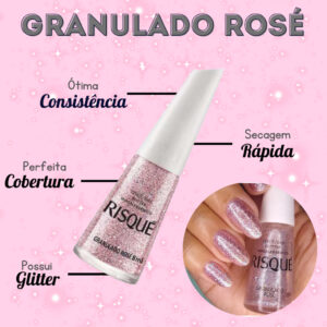 Kit 3 Esmaltes Risque Nude Glitter Rosa e Prata Brilhante Moda Manicure Clássicos