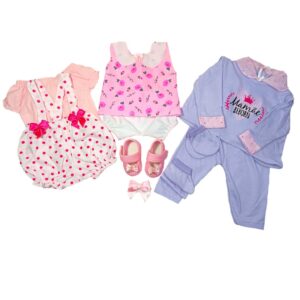 Kit Roupinha Bebê Reborn 2 Jardineiras + Pijama 5 Peças + Tiara + Sapatinho