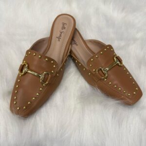 Mule Feminino Sandália Casual Bico Quadrado Confort Corrente Spikes HotFix Preto Off White Cappucino