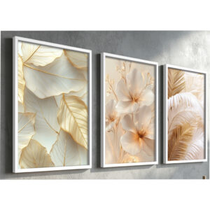 quadros decorativos para sala escritório cozinha grande folhagem dourada gold moldura