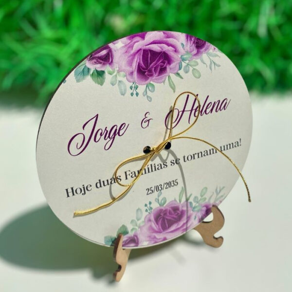 PORTA ALIANÇA PARA CASAMENTO PERSONALIZADO COM FLORES ROXA (LAVANDA) EM MDF