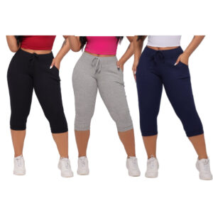 Kit 3 Calças capri feminina Cintura alta Corsário canelada