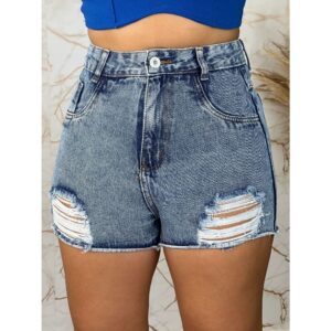Short Jeans Feminino Marmorizado Com Destroyed Cintura Alta