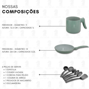 Jogo De Panelas Indução Antiaderente De Ceramica Marmore Verde 14 Peças Com Leiteira Jogo Completo Acabamento de Teflon
