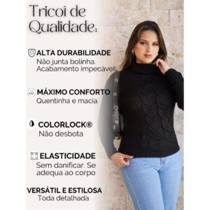 Blusa de Frio Feminina Tricot Suéter Gola Alta Manga Bufante Moda Blogueira Trico