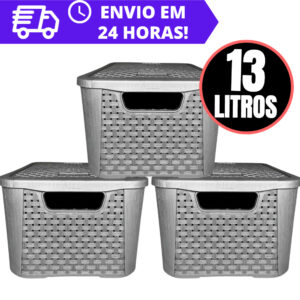 KIT 3 CAIXAS ORGANIZADORA RATTAN REFORÇADA 13 LITROS – CINZA