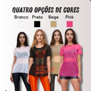 BLUSA FEMININA DE TULE ACADEMIA LONGA MODA FITNESS VERÃO TRASPARENTE