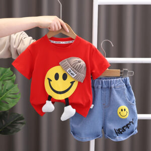Conjunto de Roupas de Verão Infantil Algodão Sorriso Camiseta e Calças de Ganga para Meninos e Meninas 0-6 Anos