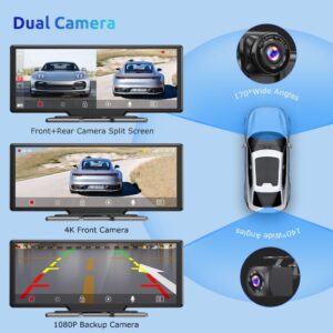 ESSGOO 10,26 polegadas Gravador de direção sem fio Apple Carplay e Android-auto Câmera dupla Multimídia Player