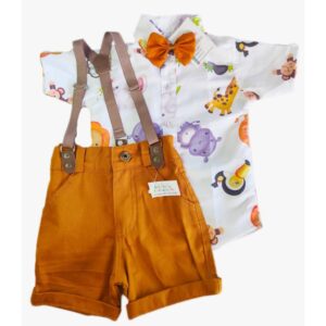 CONJUNTO MENINO FESTA TEMÁTICO infantil com Camisa Gravata Bermuda e Suspensório