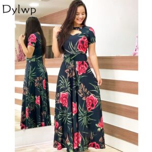 5XL Plus Tamanho Mulher Vestido Longo Flor Impressão maxi High Waist Short Sleeve Party Dress
