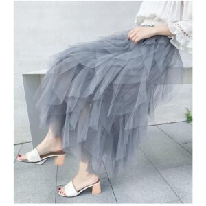 Qooth Women Tulle Cake Saia De Malha Elegante Elástica De Cintura Fada Longa Linha A Tutu Para Primavera Verão QT2138