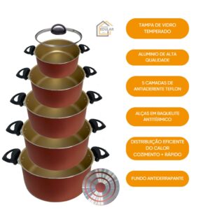 Kit Jogo de Panelas Caçarolas Antiaderente Teflon e Kit Utensílios Cor Cereja Gold