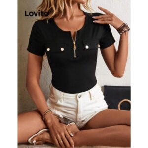 Lovito Camiseta feminina casual com zíper liso e bolso falso LNL73318