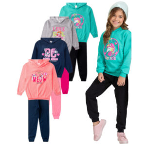 KIT 4 PEÇAS MOLETOM COM CAPUZ- 2 CALÇAS E 2 BLUSAS- FLANELADO INFANTIL FRIO INVERNO MENINAS SORTIDOS