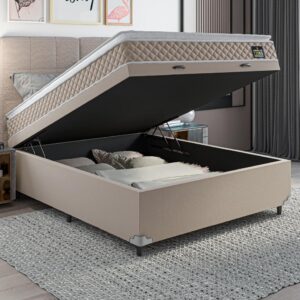Cama Box Baú Casal Colchão D45 com Pillow Top Hellen Strong Bege 138x188x65cm Suporta até 150kg