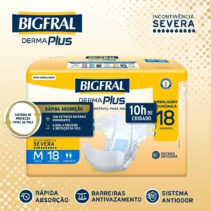 Kit 3 Fraldas Geriátricas Bigfral Derma Plus M com 18un cada