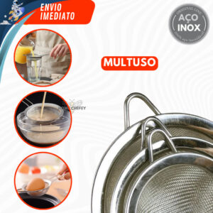 Kit 2 Peneiras 22 e 20cm 10cm 100% Aço Inox Utensílios de Cozinha Conjunto Premium Coar Suco Confeitaria Coador Fritura