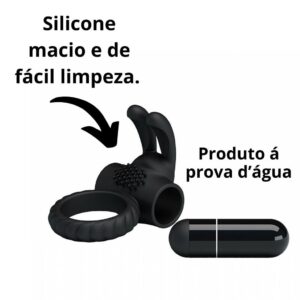 Anel Peniano Eudora com Vibrador Silicone Preto Prova D’agua