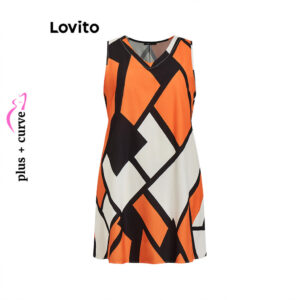 Lovito Vestido básico geométrico casual plus size para mulheres LBL15513(Multicolorido)