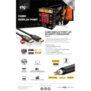 Cabo Displayport 8K 1.4V ULTRA HD 8K/60HZ com 2 metros – ELG