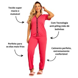 Kit 3 Pijama Longo Americano Malha Manga Curta Blogueira