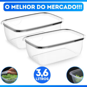 KIT 2 POTES 3.600ML FREEZER E MICROONDAS PLÁSTICO GRANDE REFORÇADO FECHAMENTO SEGURO