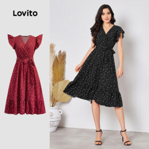 LOVITO VESTIDO COM BABADO E CINTO E ESTAMPA FLORAL BOHO PARA MULHERES LBL08133(MULTICOLORIDO)