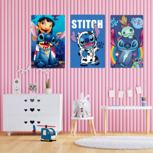 Kit Quadros Decorativos 3 Peças Stitch e Angel Infantil Lillo Desenho Animado