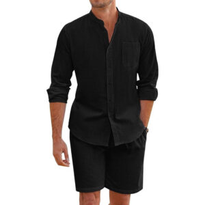 Conjunto de Linho Masculino Camisa Linho Botão Bermuda Linho