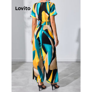 Lovito Boho Geométrico Smocked Macacão de Manga Curta para Mulheres LBL15452