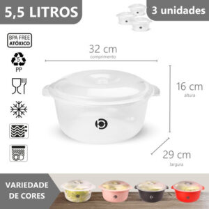 Saladeira Bowl Bacia Vasilha Multiuso Plástico BPA Free Redonda Grande Tampa Servir Salada 3un 5,5L