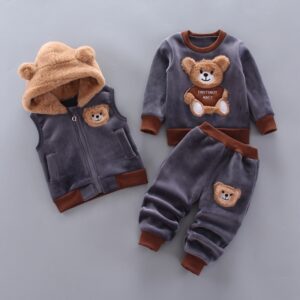 Crianças Primavera/Outono Plush Terno Quente Menino Astronauta T-shirt+Colete De Capuz+Calça 3 Peças 0-4 Anos