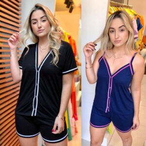 Kit 2 Pijamas Aberto Com Botões Femininos, Pijama Blogueira E Pijama Alcinha, Gestação / Amamentar / Cirurgico / Luxo