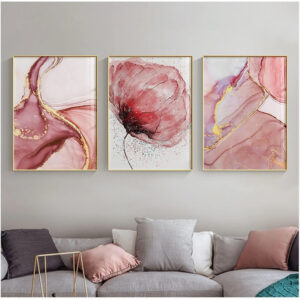 Quadros Decorativo 3 peças 60×40 Mosaico Mdf Alta Resolução Full HD flor rosa delicada moderna abstrata para sala quarto hall
