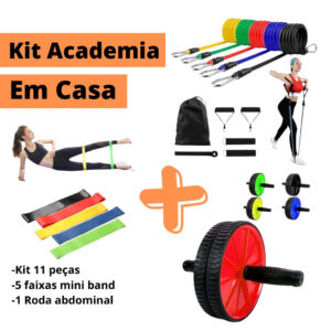Kit Academia Em Casa Com Mini Band Roda Abdominal Kit 11 Peças Treino de Fortalecimento Muscular
