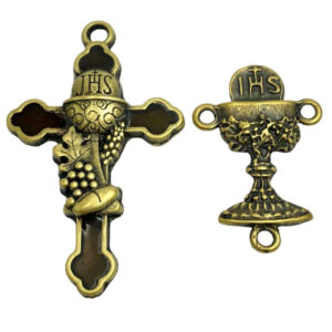 5 Pingente Crucifixo + 5 Entremeio Cálice Eucaristia p/ Terços
