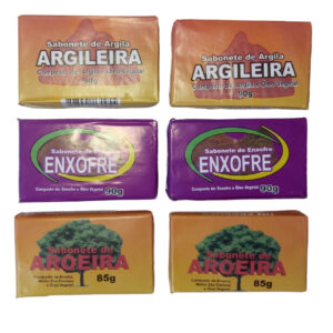 Kit 2 Sabonete Aroeira 2 Enxofre e 2 Sabonetes Argileira Com 90g Cada Para Micoses Limpeza Na Pele Profunda Acne Cicatrização Cravos Espinhas Foliculite e Melasma