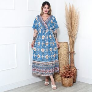 Vestido longa manga curta estampado gola V com corda 2122