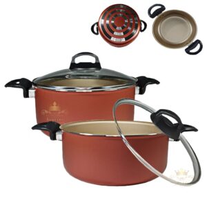 Kit 2 Panelas Caçarolas Grande 22 24cm Tampa De Vidro Antiaderente 5 Camadas Teflon Cor Cereja Dourada Gold Cobre Grossa