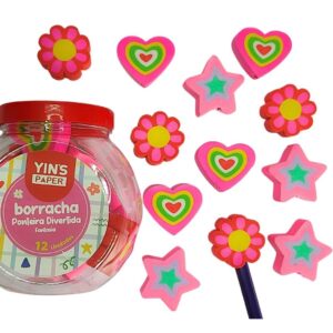 Borracha Escolar Ponta de Lápis Pote com 12 Fofos Durável Flor Coração Estrela