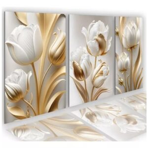 Quadros Decorativos Sala 3 Peças 50×30 Flores Tulipas Brancas Gold Flor 4k Premium
