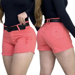 Short Bermuda Jeans Salmão Com Cinto Lycra Feminino Com Elastano Alta Rasgado Levanta Bumbum Cos Alt