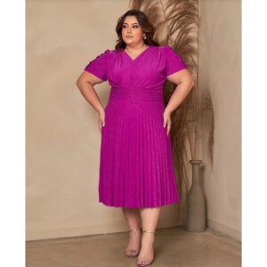 Vestido Evangélico Midi Feminino Plus Size de Manga Curto Malha Lese Plissado Lisa