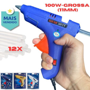 Pistola de Cola Quente Profissional Grande 100W + 12 Bastões Botão LIGA/DESLIGA Bivolt 110-220V